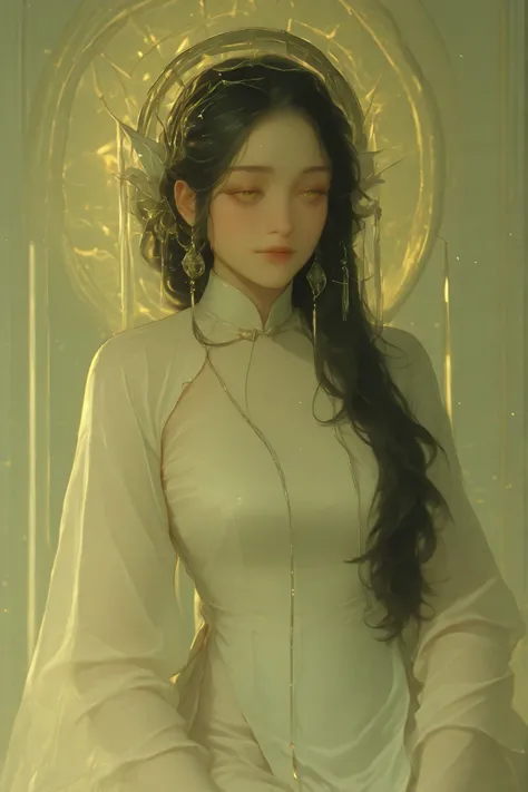 a Vietnamese girl ,A gentle muse with long dark hair, a lily in her hair , hoa huệ, wear traditional white Vietnamese Long Dress, light yellow light light incense, Silver jewelry.