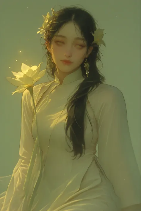 a Vietnamese girl ,A gentle muse with long dark hair, a lily in her hair , hoa huệ, wear traditional white Vietnamese Long Dress, light yellow light light incense, Silver jewelry.