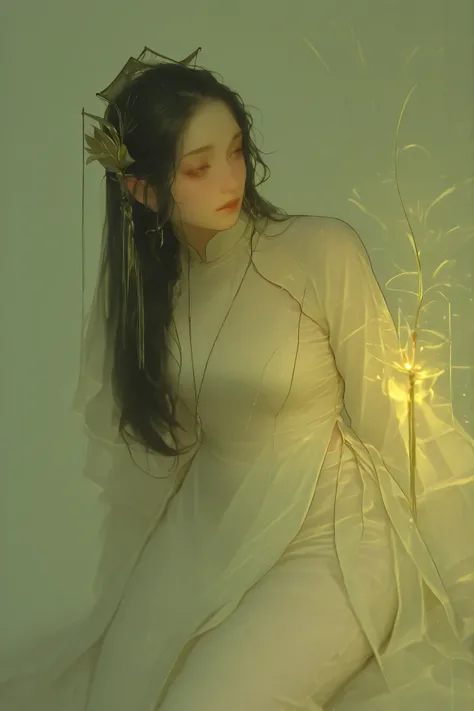 a Vietnamese girl ,A gentle muse with long dark hair, a lily in her hair , hoa huệ, wear traditional white Vietnamese Long Dress, light yellow light light incense, Silver jewelry.
