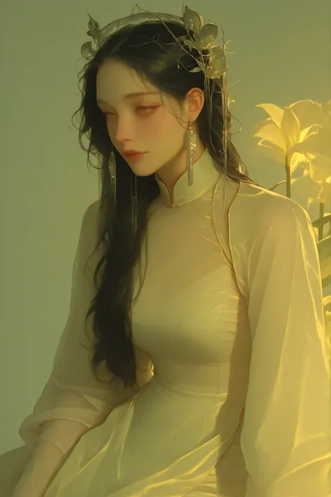 a Vietnamese girl ,A gentle muse with long dark hair, a lily in her hair , hoa huệ, wear traditional Vietnamese Long Dress, light yellow light light incense, Silver jewelry.