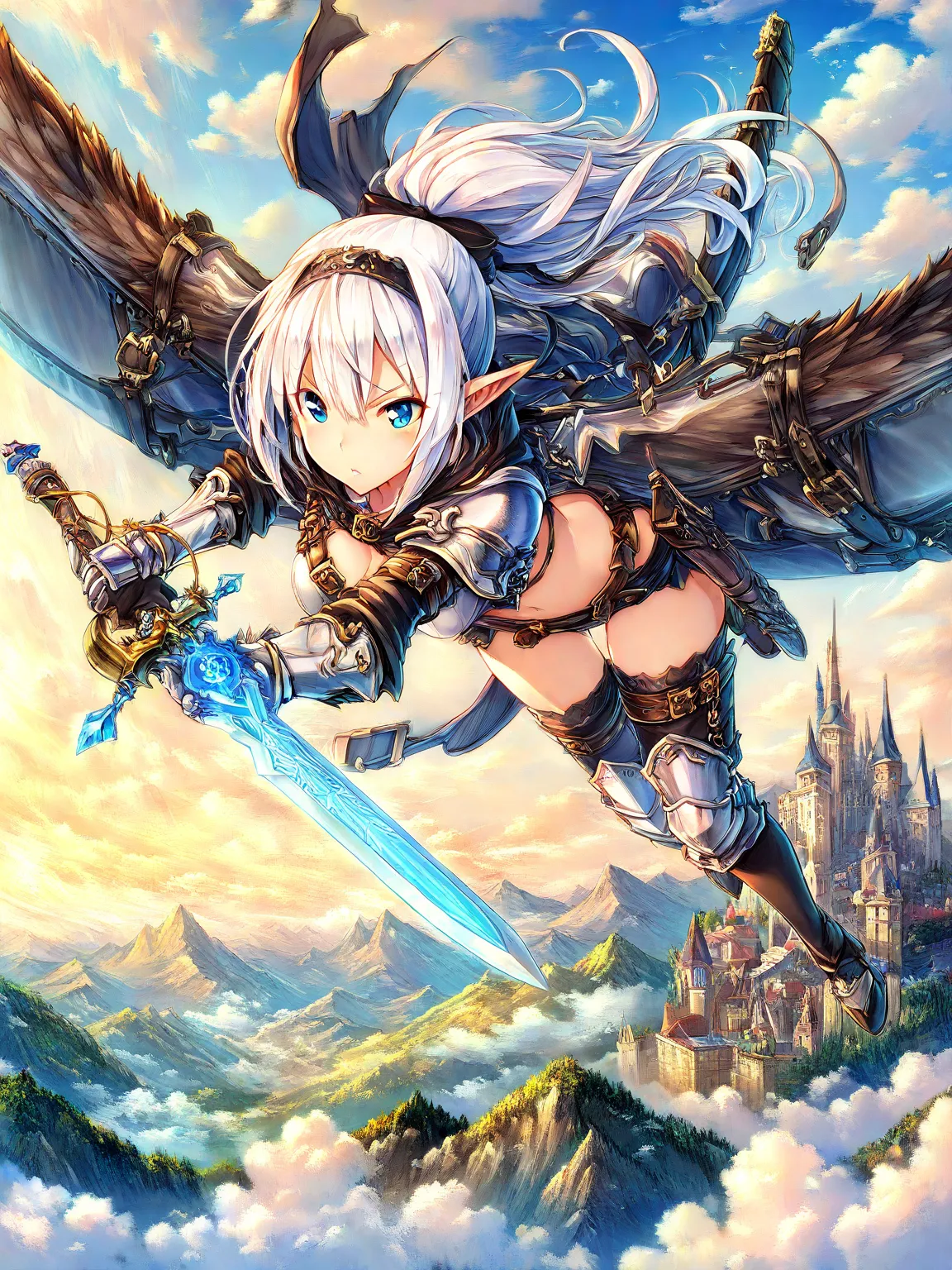 Elf with Kara white hair ultra fantasy scene, holds a glider in cool leather armor, soars through the skies with a view of the mountains and the castle, beautiful bright clouds, masterpiece,  16K resolution , she is epic, and a cool sword sharp, magical in her hand, magic, magic, Fantasy, beautiful, Anime style with beautiful drawing, super high illustration,