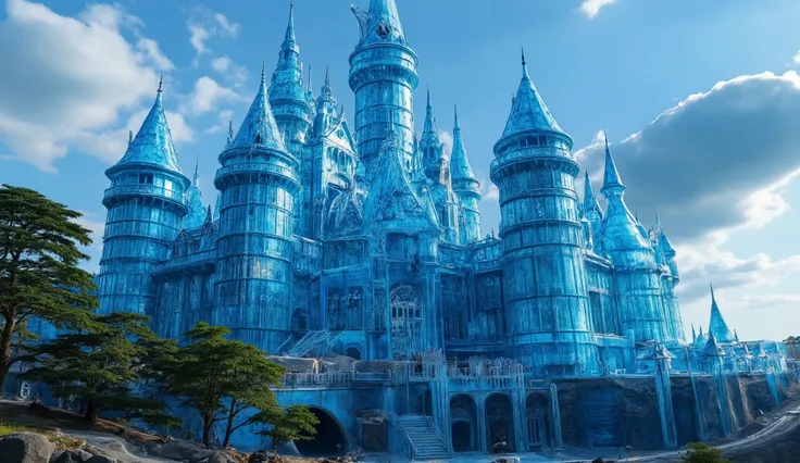 (highdefinition images:1.5)、Majestic Atmosphere,(A huge, transparent blue glass castle that seems to reach the sky:1.5),masterpiece,(highdefinition images:1.5),(top quality:1.5)、(Extremely transparent glass castle:1.5),Look Up、Blue Sky Flowing、(An old Euro...