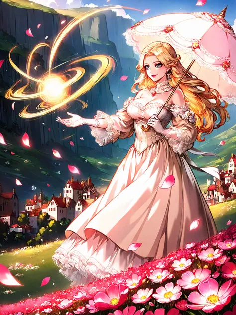 A girl in a passionate beautiful dress, standing with an umbrella, flirtatious, Easy smile, Beautiful fluffy dress, gloves, A gentle breeze, makeup, decorations, blonde with beautiful hair color, swirling in a flower field with spinning flower petals, magi...