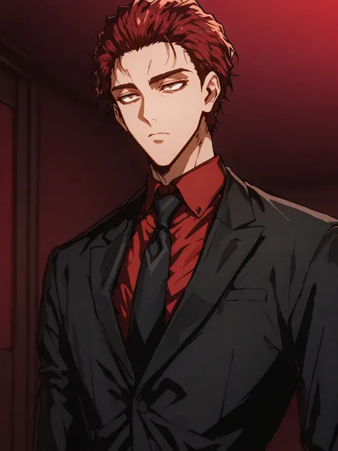 hazelnut colored eyes. sunny-colored hair. 180cm 75kg. 265 foot cm. Firm Idol Body. ratio of non-women is good. Men's Natural Garma Perm. red wine-colored shirt. black suit. expressionless face. intelligent . guy 1, male,
