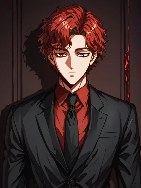 hazelnut colored eyes. sunny-colored hair. 180cm 75kg. 265 foot cm. Firm Idol Body. ratio of non-women is good. Men's Natural Garma Perm. red wine-colored shirt. black suit. expressionless face. intelligent . guy 1, male,