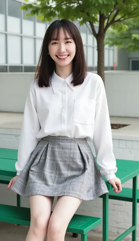 Real high quality photo of a Japanese woman, beautiful girl (((small breasts , small breasts , nsfw))) , top quality, A 20 year old Japanese high school girl is standing near a green metal table,  wearing a white shirt(((small breasts , small breasts , nsf...