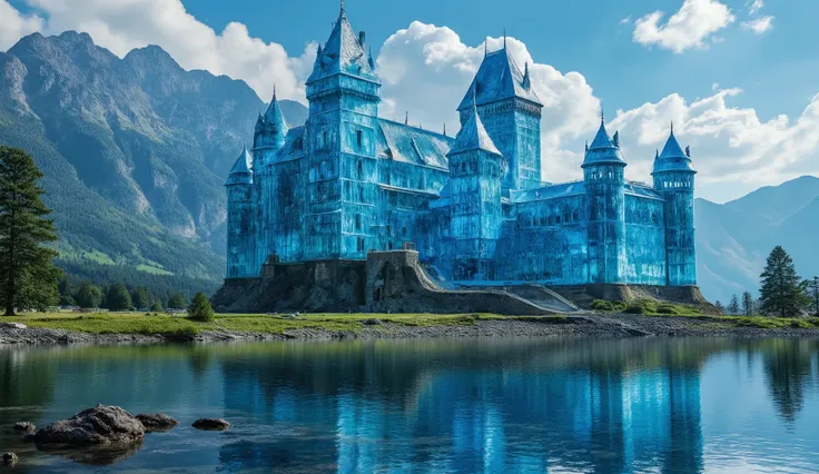 (highdefinition images:1.5)、Majestic Atmosphere,(A huge, transparent blue glass castle that seems to reach the sky:1.5),masterpiece,(highdefinition images:1.5),(top quality:1.5)、(Extremely transparent glass castle:1.5),Look Up、Blue Sky Flowing、(An old Euro...