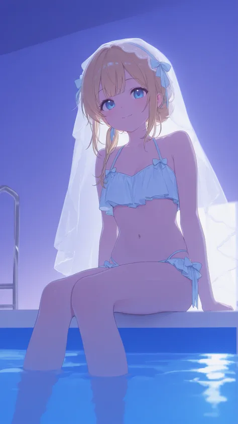 score_9, score_8_up , score_7_up , score_9,Score_9, Score_8_up , Score_7_up ,Create a sweet two-dimensional style picture, focusing on the character's characteristics and scenes: short golden hair, swimsuit (white and blue color matching, ribbon decoration...