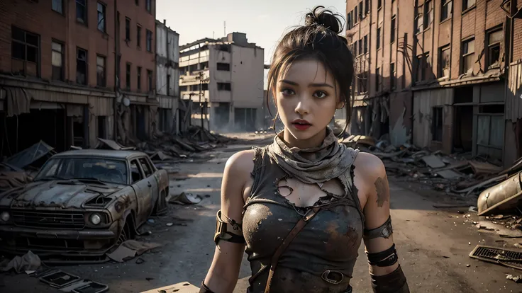 ((best quality)), (( Masterpiece)), 3D, beautiful woman，house，(post-apocalyptic wasteland:1.3), Wearing torn clothes，humble armor，look into the camera，complicated details, 8K Post Production, high resolution , super detailed,（ upper body photography ：1.8）