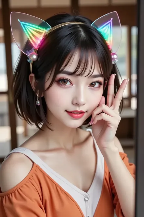 front,((composition viewed from above)), ((cat ear headband: colorful neon colors 、translucent、glowing), ((Sideways V Sign 2.0)), ((close right eye)),((Close your right eye 2.0)),1 woman in the body, [[In front of the luxurious stained glass of the PC 0.5]...