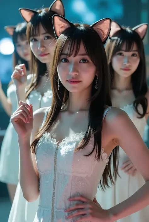 A mesmerizing portrait of a stunning Japanese female idol group, gracefully posed with slender physiques. They wear intricately designed idol group costumes, adorned with delicate textures and shimmering accents, complemented by charming cat ears that add ...