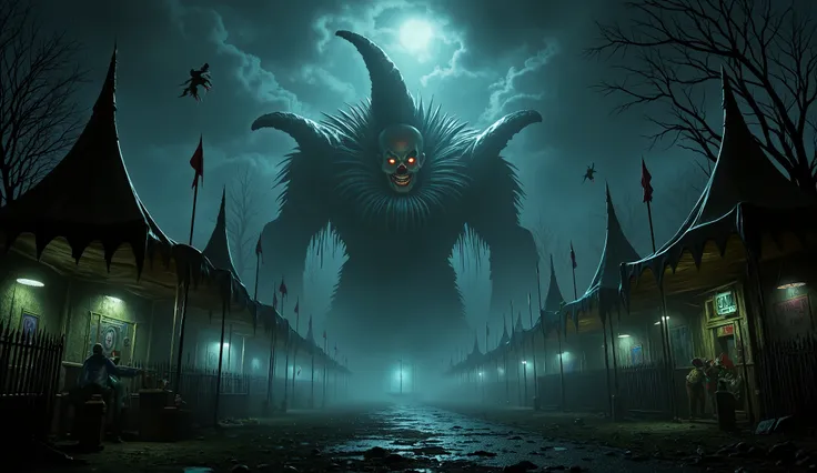 Creepy carnival at night, horror circus style, eerie rides, unsettling clowns.