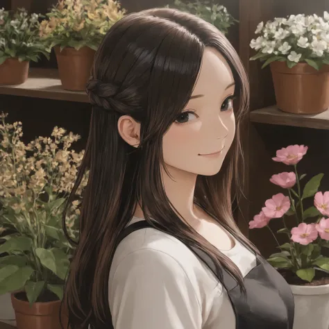 Masterpiece, top quality, ultra high definition, semi-realistic, realistic hair, soft details, realistic eyes, girl, black hair, black eyes, parted bangs, brown hair, rich hair, half up half down braid, cute, flower shop, flower pot, apron, smile, front
