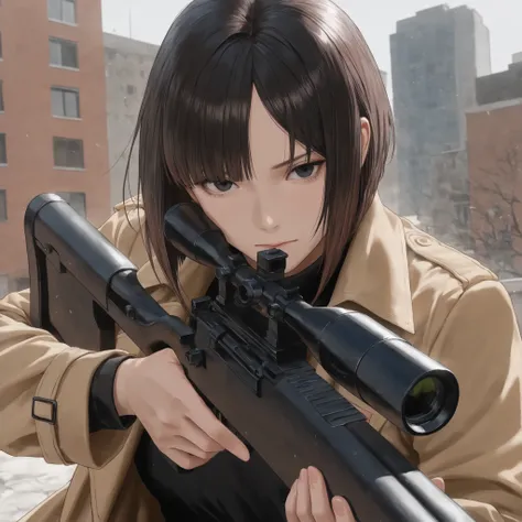 Masterpiece, top quality, ultra high definition, semi-realistic, realistic hair, soft details, realistic eyes, girl, black hair, black eyes, parted bangs, brown hair, rich hair, Sniper, Trench Coat, Building, inverted bob, shooting stance