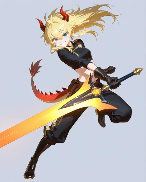 masterpiece,top quality,Super Detailed、high definition、8K Quality,bipedal、simple background、Upright、Jin and the Royal Family、Full Body、It's attacking、gloves、Long sword、Face off against dragons、Fearless Smile