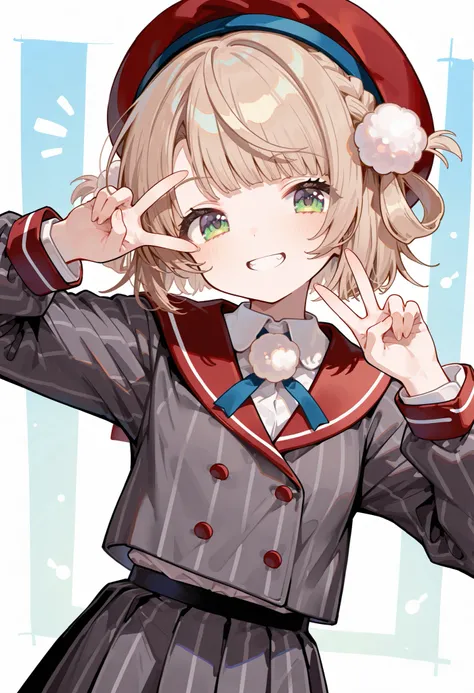 score_9, score_8_up, score_7_up, source_anime,dutch angle, absurdres,masterpiece,perfect anatomy,high resolution, ultra-detailed,beautiful detailed eyes,shigure ui (vtuber),beret,red headwear,light brown hair,short hair,hair rings,pom pom hair ornament,sid...