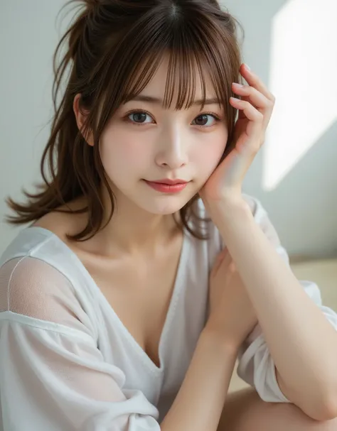 Japanese Women、20th Generation、8K、Time is night、squinting and smiling、Detailed、brown hair、simple indoor background(white wall)、Wear a cute white swimsuit、provocative pose、soft lighting、in white swimsuit、Realistic Details、Artistic Ambience、Summery lightness...