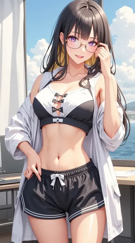 (masterpiece,  computer, mejor quality,  Clear focus, shadow, anime-style, Ultra high resolution, 8K, perfect anatomy, perfect face, (detailed face), (  Detailed eye  ), score_9, score_8_above, score_7_above, score_6_above, score_5_above, score_4_above,  source _animated, Label 1, Label2, quality_masterpiece, strapless top, beautiful face, perfect face, Beautiful and highly detailed face and eyes, Attractive face, detailed face, delicate facial features, detailed skin, huge breasts, breast size cup D or DD, wide hips, gigantic ass, thick thighs. watching the spectator. Anime style illustration of a beautiful woman with an elegant and sensual look. Realistic anime girl with a shy expression and a sweet look. She has long straight hair, predominantly black with blonde highlights on the bangs and tufts tos, in addition to golden reflections. His eyes are big,  bright purple color , tender with blushed cheeks. She wears a sports outfit consisting of a fitted bicolor top (white on the top and black on the bottom), with decorative ribbon details in the center and hanging straps. She also wears black sports shorts with white trims and a wide waistband with a central clasp. She is holding the waistband with one hand and slightly lowering her glasses with the other. The background is a modern office by the sea, with metallic file, desk and open windows that show a blue sky with clouds and a coastal urban landscape. Ilustración estilo anime de alta quality, bright colors, well-defined details and a relaxed summer atmosphere.