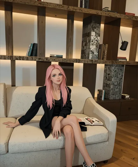 young woman with long, } soft pink hair sits on a light beige. She is wearing a stylish black outfit, , including a jacket and a short dress, creating a sophisticated and modern look. legs crossed, , and she lies casually with one hand on the sofa. Next to...