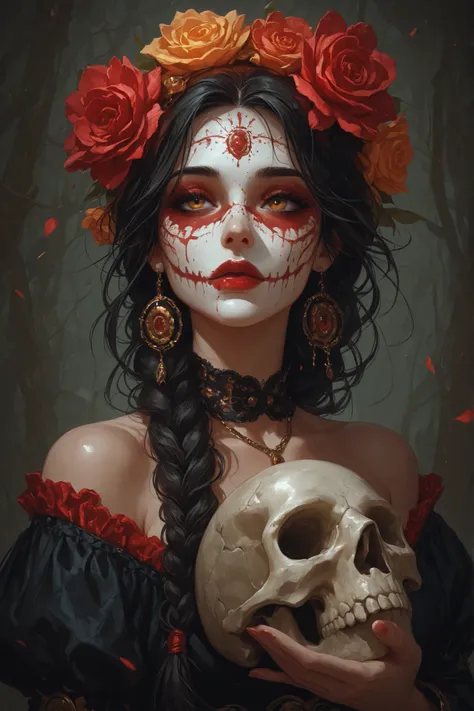 A woman with her face painted with my Catrina from the Day of the Dead, beautiful and sexy, holding a skull 