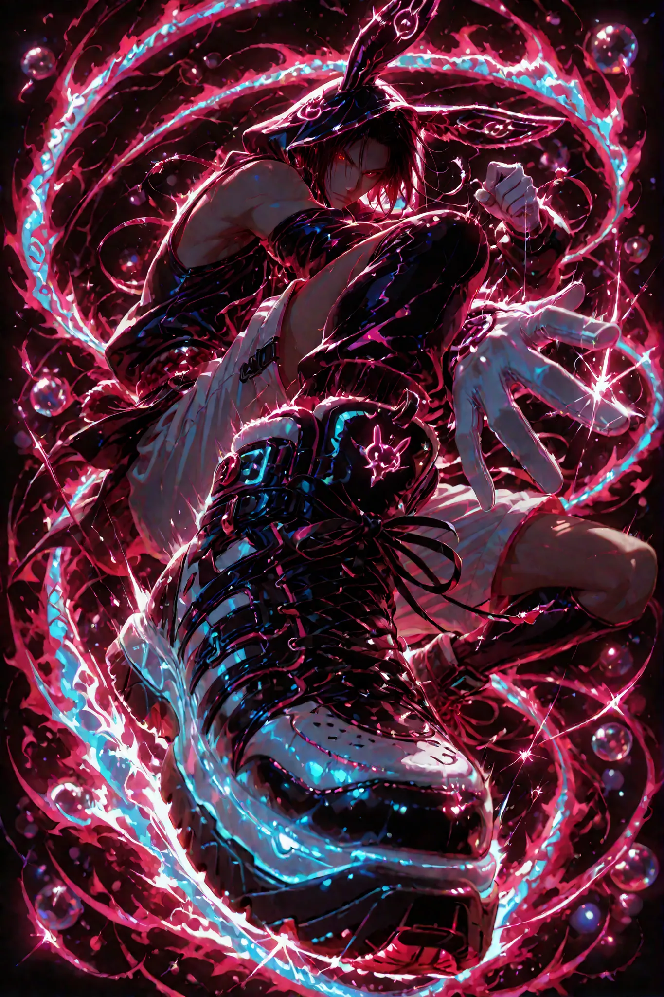 neon art, neon lineart, blue neon lineart, neon silhouette, silhouette, neon colors, glowing, glow effect, bright outlines, vibrant colors, high contrast, dark background, digital art, 1 man, adult, Sebastian Michaelis, Kuroshitsuji, solo, black hair, red ...