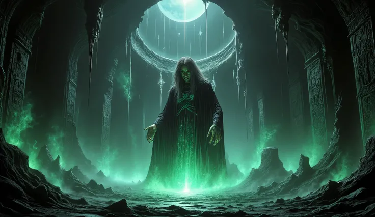 Witch performing a dark ritual, occult horror style, ancient symbols, glowing runes.