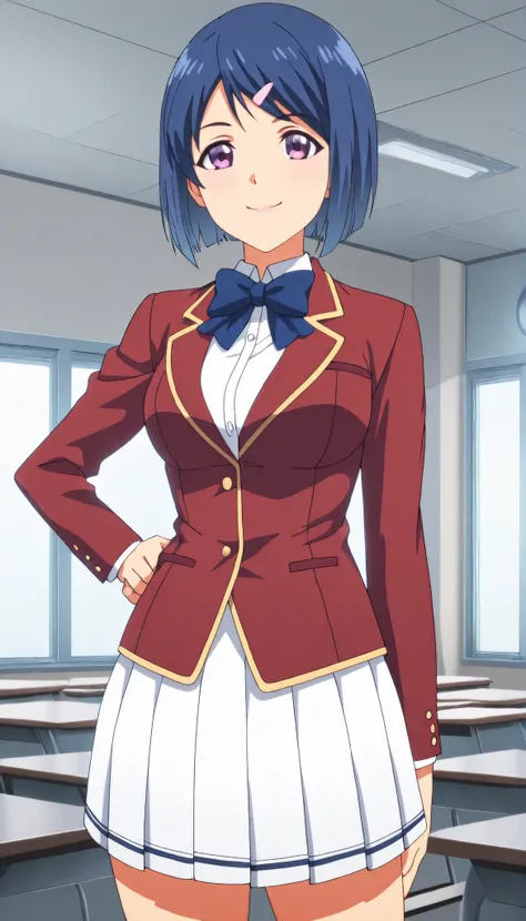 masterpiece,best quality,classroom,standing,hand on hips, 
snzk,solo,(blue hair:0.6),short hair,(tareme:0.7),(v-shaped eyebrows:0.3),glossy lips, anime coloring,red jacket,white shirt,blue bowtie,white skirt,pleated skirt,thigh ,smile ,closed mouth,cowboy ...