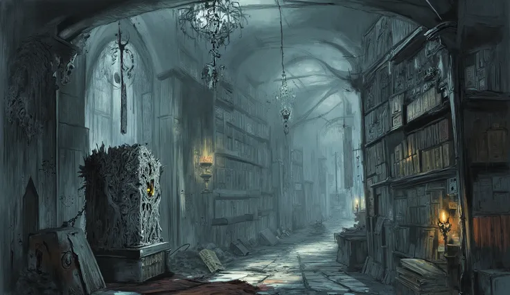 Cursed artifact in a dark library, Lovecraftian horror style, ancient books, ominous aura.