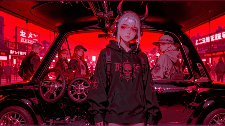 1 girl, one girl pic, Anime-style full-body (cowboy shot) of a 17-year-old female Oni with silver hair, red eyes, small demon horns, and wearing bright red headphones. She has a teenage look, dressed in a casual jacket with a hood (hoodie), urban streetwea...