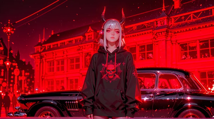 1 girl, one girl pic, Anime-style full-body (cowboy shot) of a 17-year-old female Oni with silver hair, red eyes, small demon horns, and wearing bright red headphones. She has a teenage look, dressed in a casual jacket with a hood (hoodie), urban streetwea...