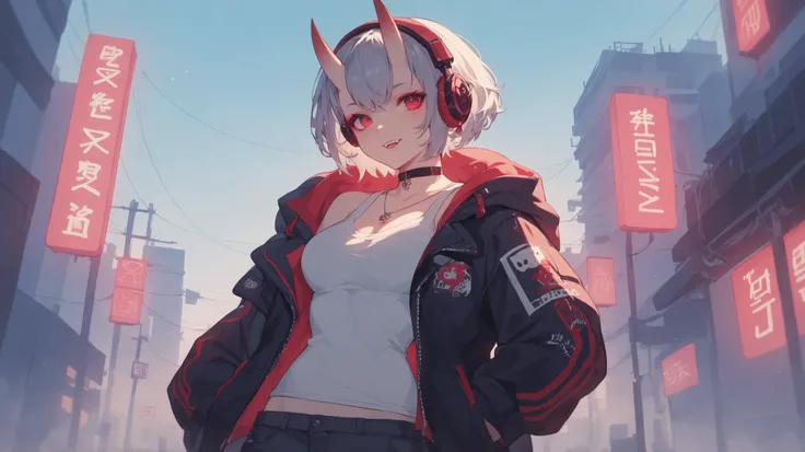 Anime-style full-body (cowboy shot) of a 17-year-old female Oni with silver hair, red eyes, small demon horns, and wearing bright red headphones. She has a teenage look, dressed in a casual jacket with a hood (hoodie), urban streetwear style. Slightly misc...
