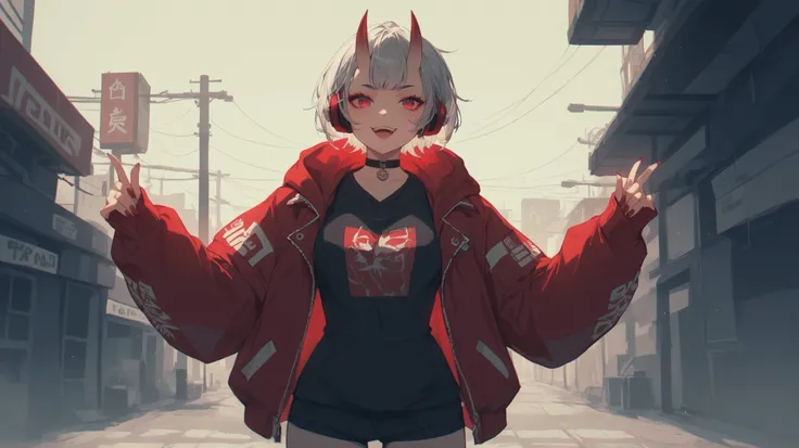 Anime-style full-body (cowboy shot) of a 17-year-old female Oni with silver hair, red eyes, small demon horns, and wearing bright red headphones. She has a teenage look, dressed in a casual jacket with a hood (hoodie), urban streetwear style. Slightly misc...