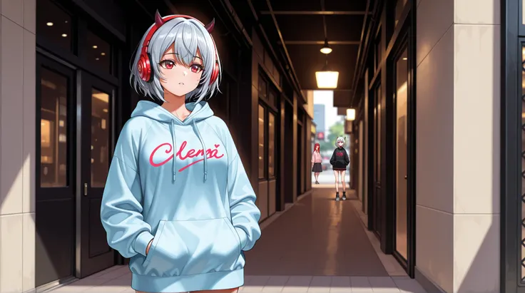 Anime-style full-body (cowboy shot) of a 17-year-old female Oni with silver hair, red eyes, small demon horns, and wearing bright red headphones. She has a teenage look, dressed in a casual jacket with a hood (hoodie), urban streetwear style. Slightly misc...