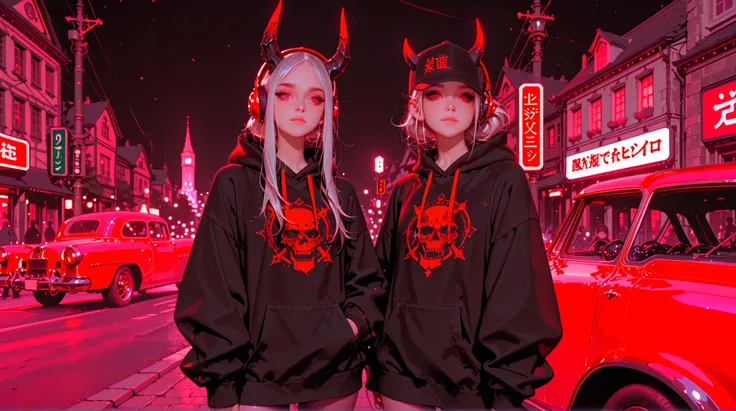 1 girl, one girl pic, Anime-style full-body (cowboy shot) of a 17-year-old female Oni with silver hair, red eyes, small demon horns, and wearing bright red headphones. She has a teenage look, dressed in a casual jacket with a hood (hoodie), urban streetwea...