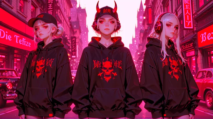 Anime-style full-body (cowboy shot) of a 17-year-old female Oni with silver hair, red eyes, small demon horns, and wearing bright red headphones. She has a teenage look, dressed in a casual jacket with a hood (hoodie), urban streetwear style. Slightly misc...