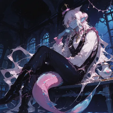 cowboy shot, fixed perspective, from side, (foreshortening,) graceful closed off posture, cold distant expression, folded arm, hand on chin, cruel smirk, leaning against wall, 1 (((man))), naiad, (((no pupils,))) (absurdly long wavy white hair), fanged cro...