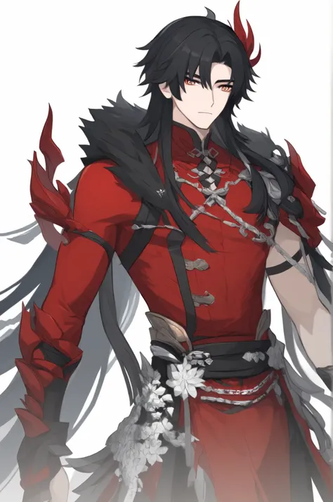 One boy, Camellya \(Wuthering Waves \), cowboy shot, looking at you, white background, simple background, black hair, red outfit 