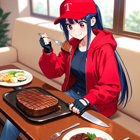 Japanese woman in her 20s, (big eyes: 1.0), solo, red eyes, smiling, straight hair, long hair, wavy mouth, eating, bangs, navy blue hair, (ponytail), sitting, ((steak on table)), ((sitting at table and holding knife and fork)), (happy expression), perfect hands, beautifully blurred background. Details: perfect, masterpiece, best quality, very beautiful, top grade, high quality ((wearing red baseball cap)), ((wearing red hooded long sleeve) jacket), open leg jacket, black fingerless gloves, ((plain navy blue T-shirt)), long length blue jeans, used denim, casual style. Living room at home, perfect hands, beautifully blurred background. Details: perfect, masterpiece, best quality, very beautiful, exquisite, high quality
