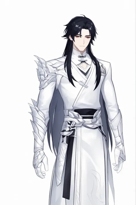 One boy, Camellya \(Wuthering Waves \), cowboy shot, looking at you, white background, simple background, black hair, white outfit 