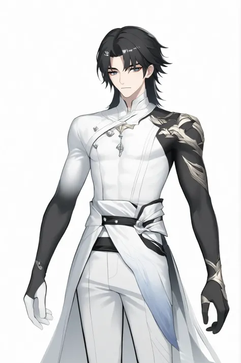 One boy, Camellya \(Wuthering Waves \), cowboy shot, looking at you, white background, simple background, black hair, white outfit 