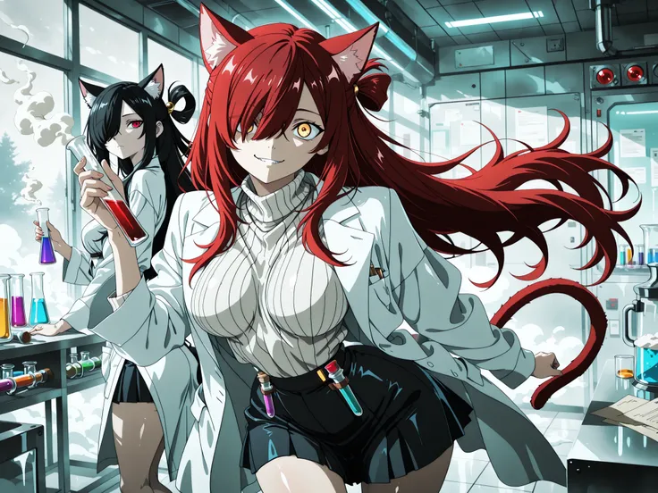 (masterpiece) , (best quality) ,(ultra high resolution),dynamic composition,(poetic scene),2 girls, cat ears, cat tail, multiple girls, running frantically through a lab, tense and anxious facial expression, big eyes, running wildly, lab coat, knitted swea...