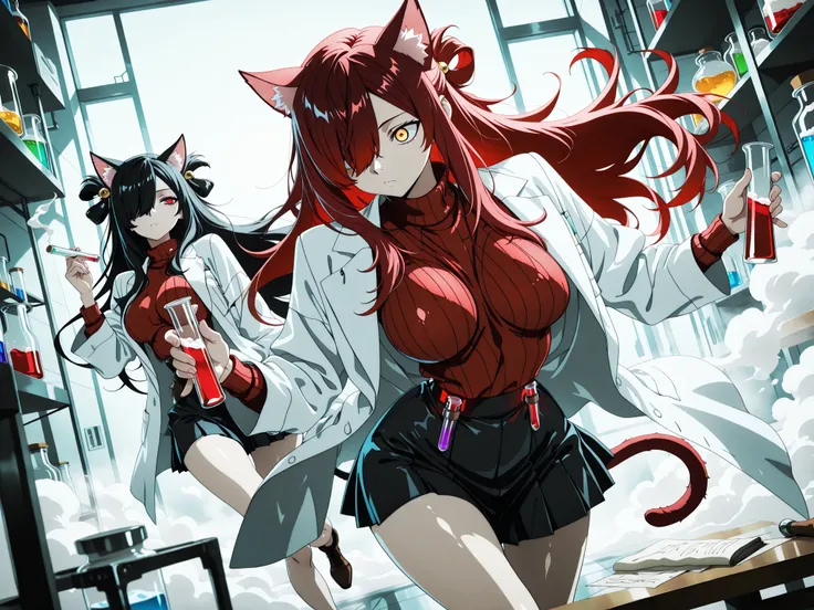 (masterpiece) , (best quality) ,(ultra high resolution),dynamic composition,(poetic scene),2 girls, cat ears, cat tail, multiple girls, running frantically through a lab, tense and anxious facial expression, big eyes, running wildly, lab coat, knitted swea...