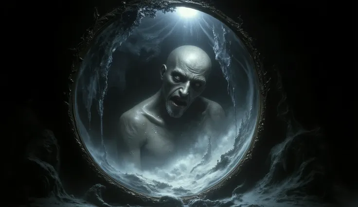 Haunted mirror reflection, psychological horror style, distorted reality, eerie atmosphere.
