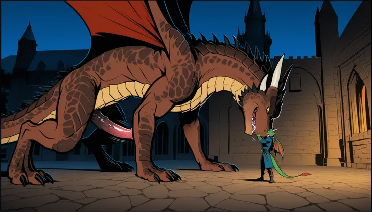 score_9, score_8_up, score_7_up, score_6_up, Cel Shaded Art, draco_dh, dragon, brown scales, horns, claws, tail, male, 1boy, yellow sclera,big penis, equine penis, western comics \(style\), high contrast, outline, male, scalie, feral, flat colors (nyalia:0...