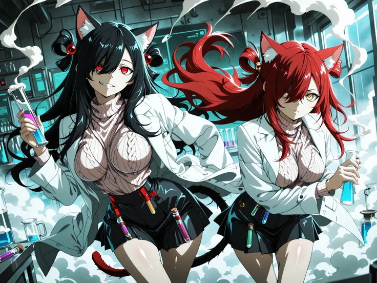 (masterpiece) , (best quality) ,(ultra high resolution),dynamic composition,(poetic scene),2 girls, cat ears, cat tail, multiple girls, running frantically through a lab, tense and anxious facial expression, big eyes, running wildly, lab coat, knitted swea...