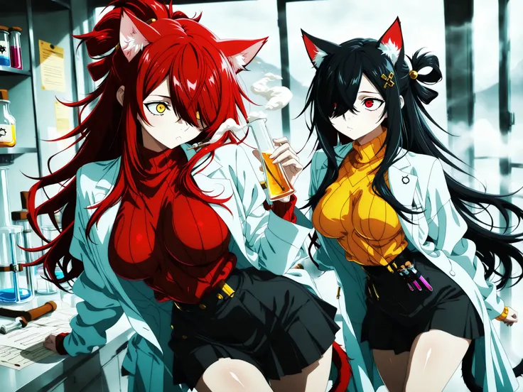 (masterpiece) , (best quality) ,(ultra high resolution),dynamic composition,(poetic scene),2 girls, cat ears, cat tail, multiple girls, running frantically through a lab, tense and anxious facial expression, big eyes, running wildly, lab coat, knitted swea...