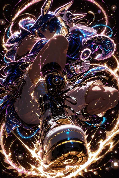 neon art, neon lineart, blue neon lineart, neon silhouette, silhouette, neon colors, glowing, glow effect, bright outlines, vibrant colors, high contrast, dark background, digital art, 1 man, adult, ,mikazuki munechika, touken ranbu, solo, blue hair, blue ...