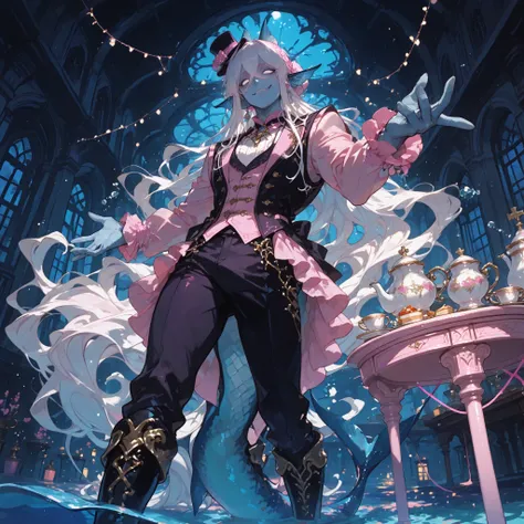 cowboy shot, isometric perspective, from below, (foreshortening,) arms spread, outstretched arms, beckoning, graceful closed off posture, smug expression, cruel amused smirk, 1 (((man))), naiad, (((no pupils,))) (absurdly long wavy white hair), fanged cros...