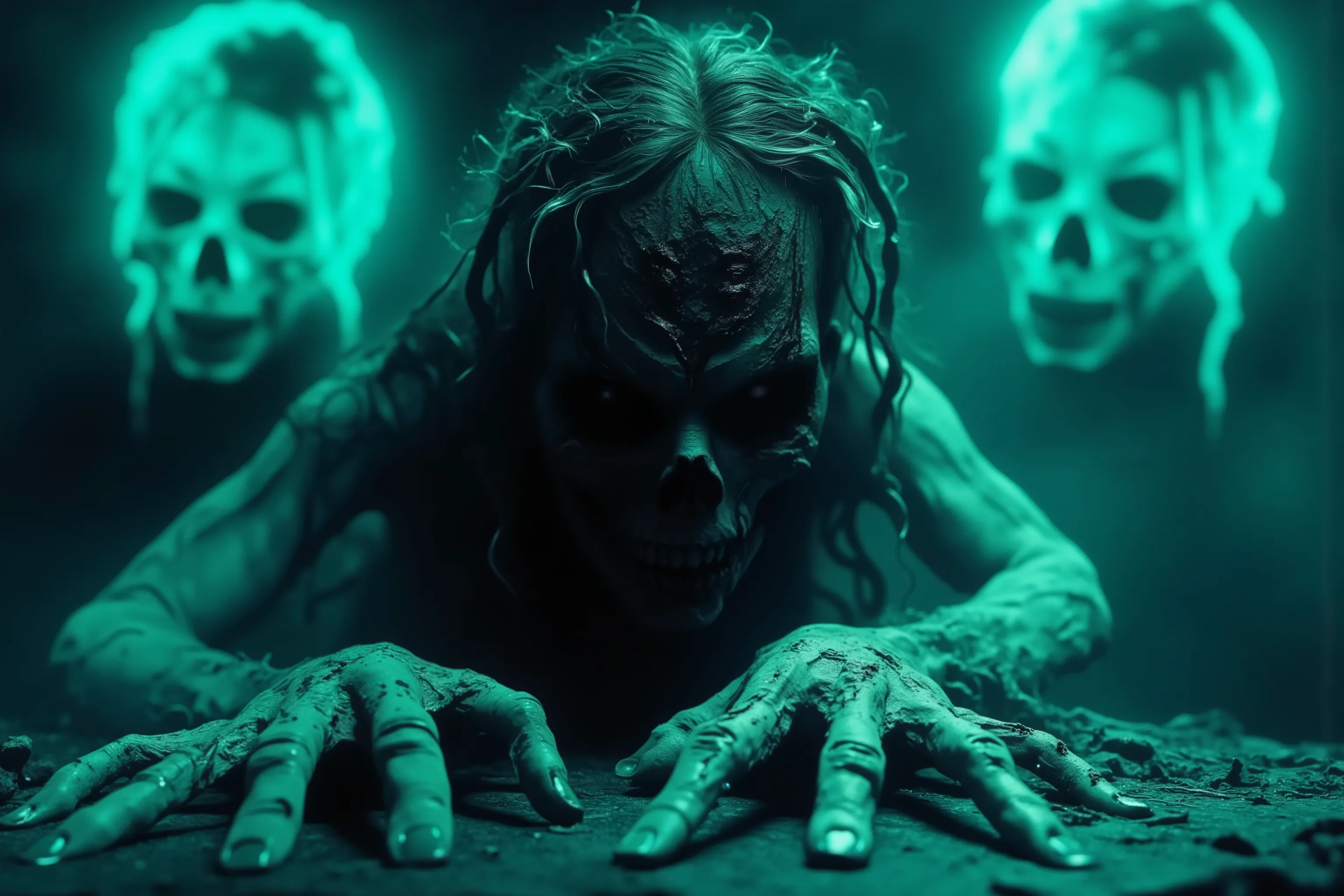 A mysterious figure is pictured with long, tendril-like pieces of matted hair. The scene is bathed in an eerie teal glow, adding to the ethereal atmosphere. The figure's skin is a pale, muted color, contrasting with the vibrant background. Fingers are very...