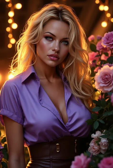 Foto hiperrealista en primer plano de blonde woman, masterpiece, best quality, (photorealistic:1.4), full body, (lavender satin luxury short sleeve button-up shirt :1.1), (leather skirt), cinematic light, beautiful woman, medium breasts, wavy hair, detaile...